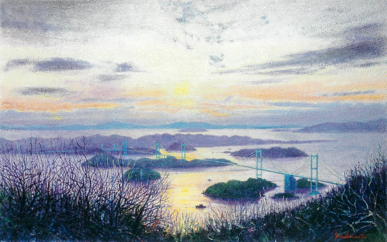 松本真 来島海峡 夕陽 1999年 油彩 81 x 130 cm