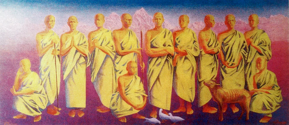 松本真 BUDDHA・炎炎 1978年（41歳）2 x 4 m （釈尊と十人の仏弟子と裏切者の提婆達多）